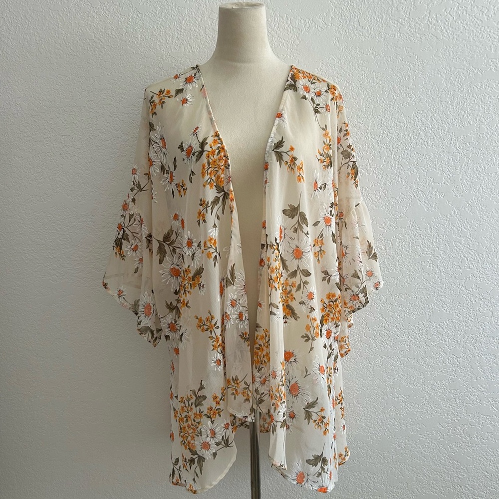 Easel Sheer White Daisy and Golden Yellow Floral Print Oversized Kimono Cardigan